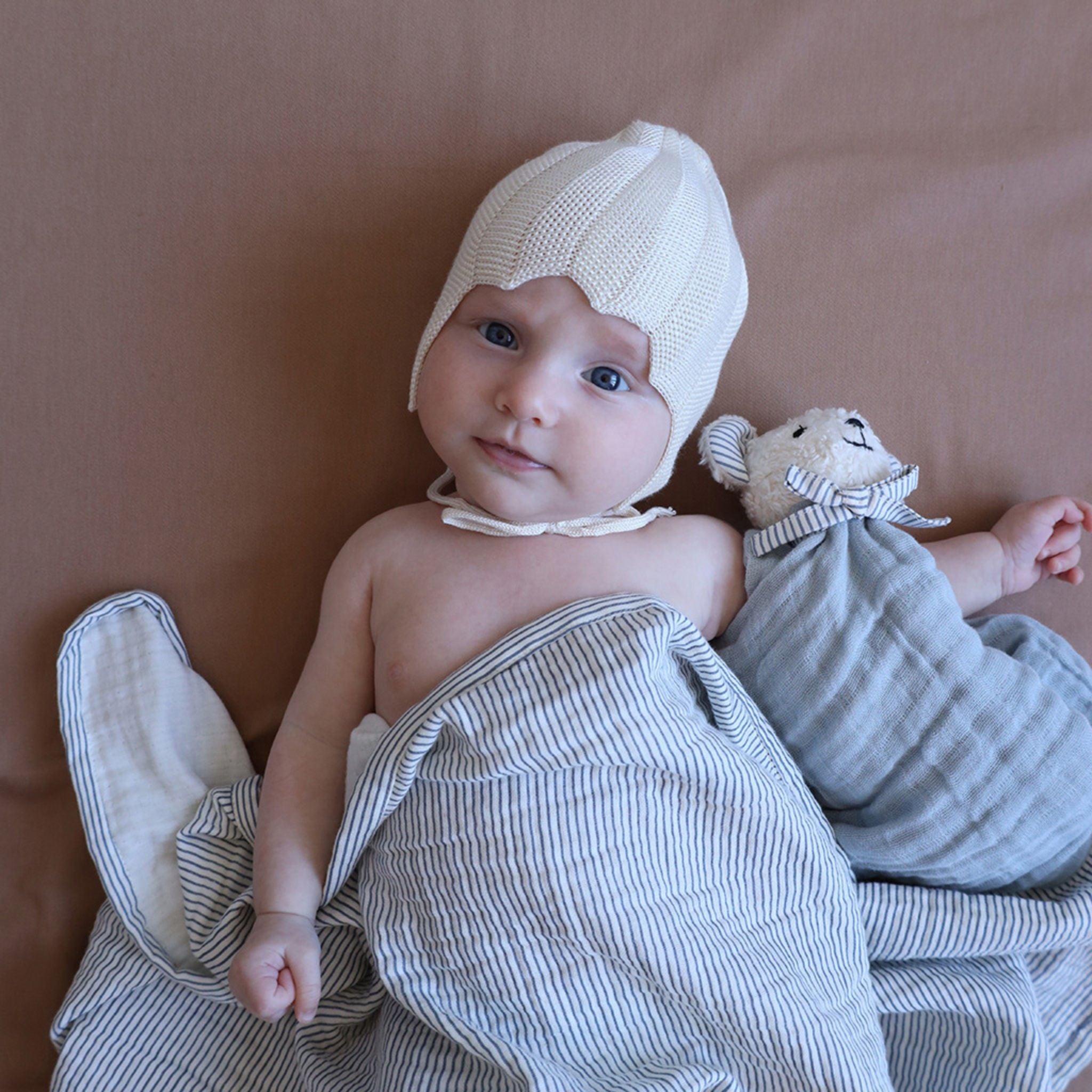 Baby Wrapped In Cam Cam Copenhagen Muslin Baby Blanket - Blue Stripes