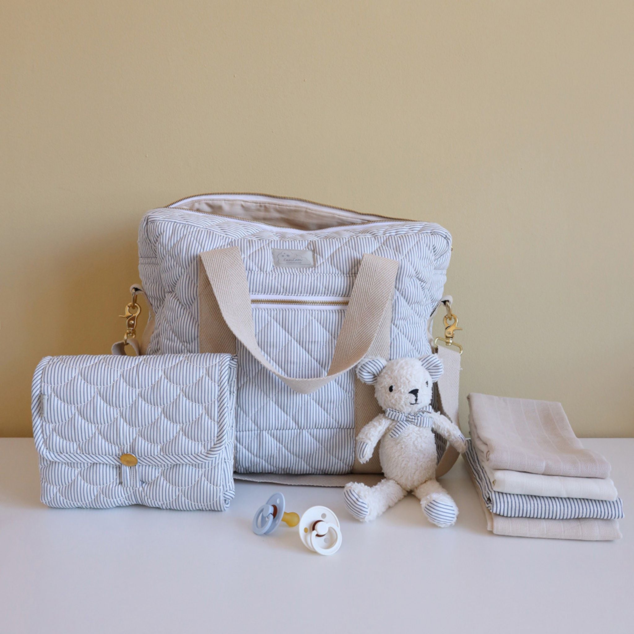 Cam Cam Quilted Changing Bag - Classic Blue Stripes With Muslins, Teddy, Changing Mat etc