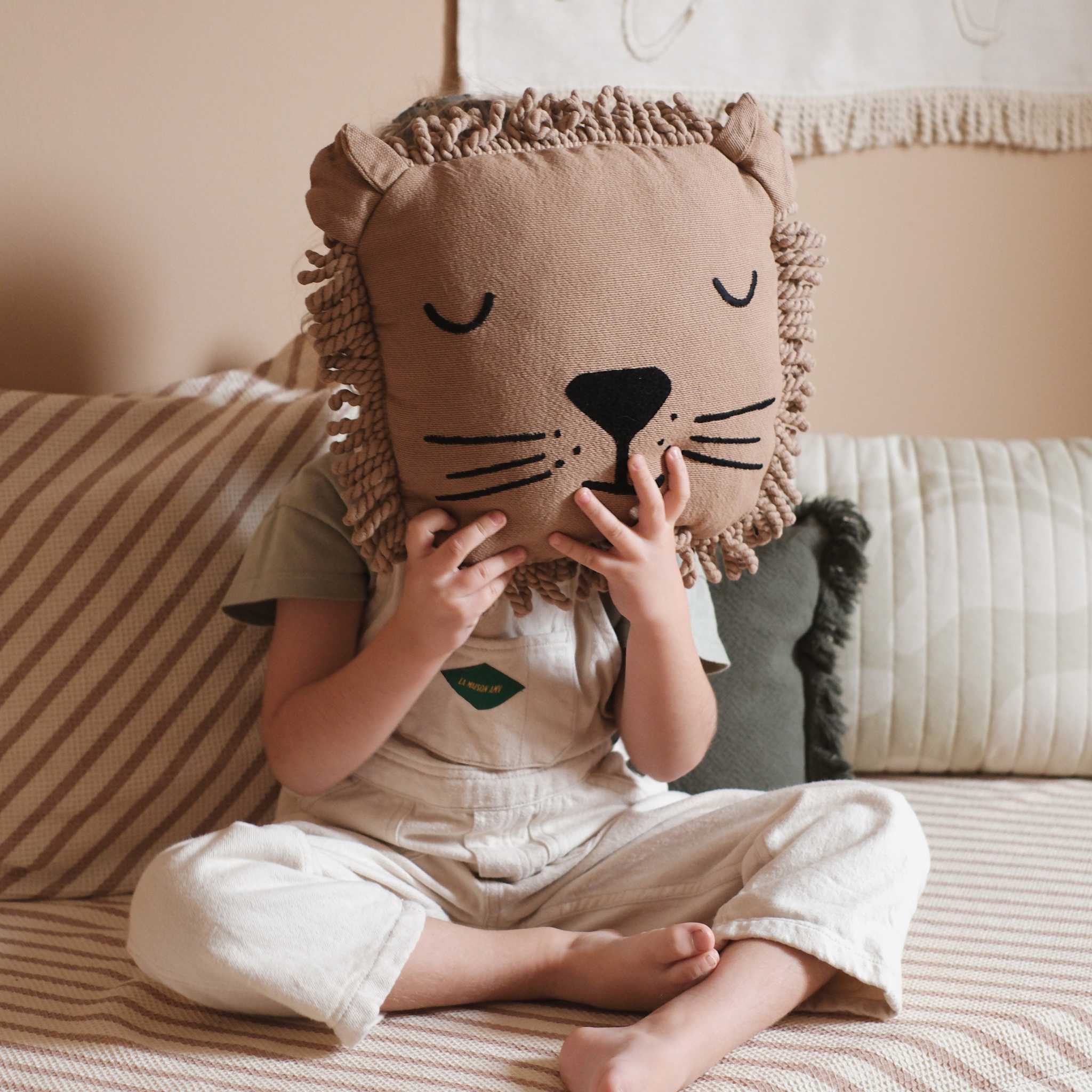 Child With Nobodinoz Lion Face Embroidery Cushion