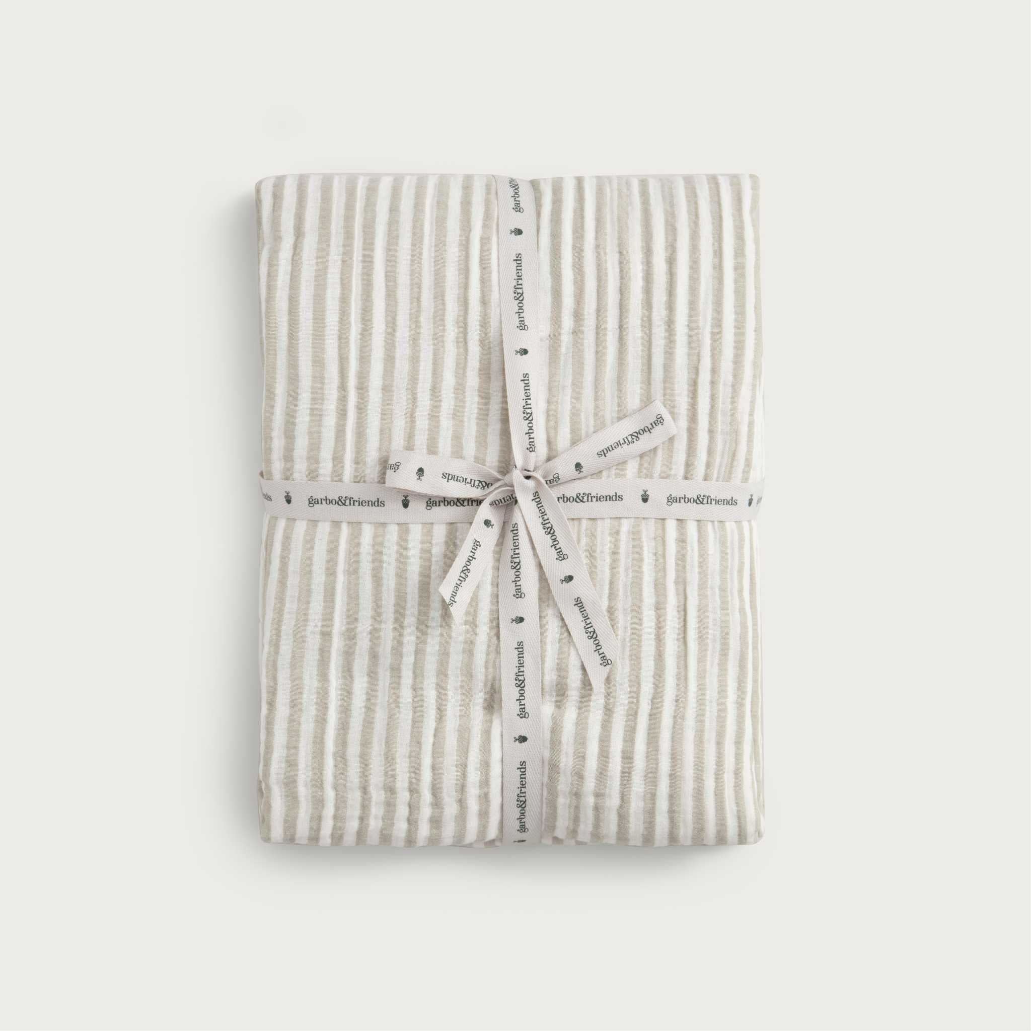 Garbo and Friends Stripe Anjou Muslin Cot Sheet - With Ribbon On Grey Background 