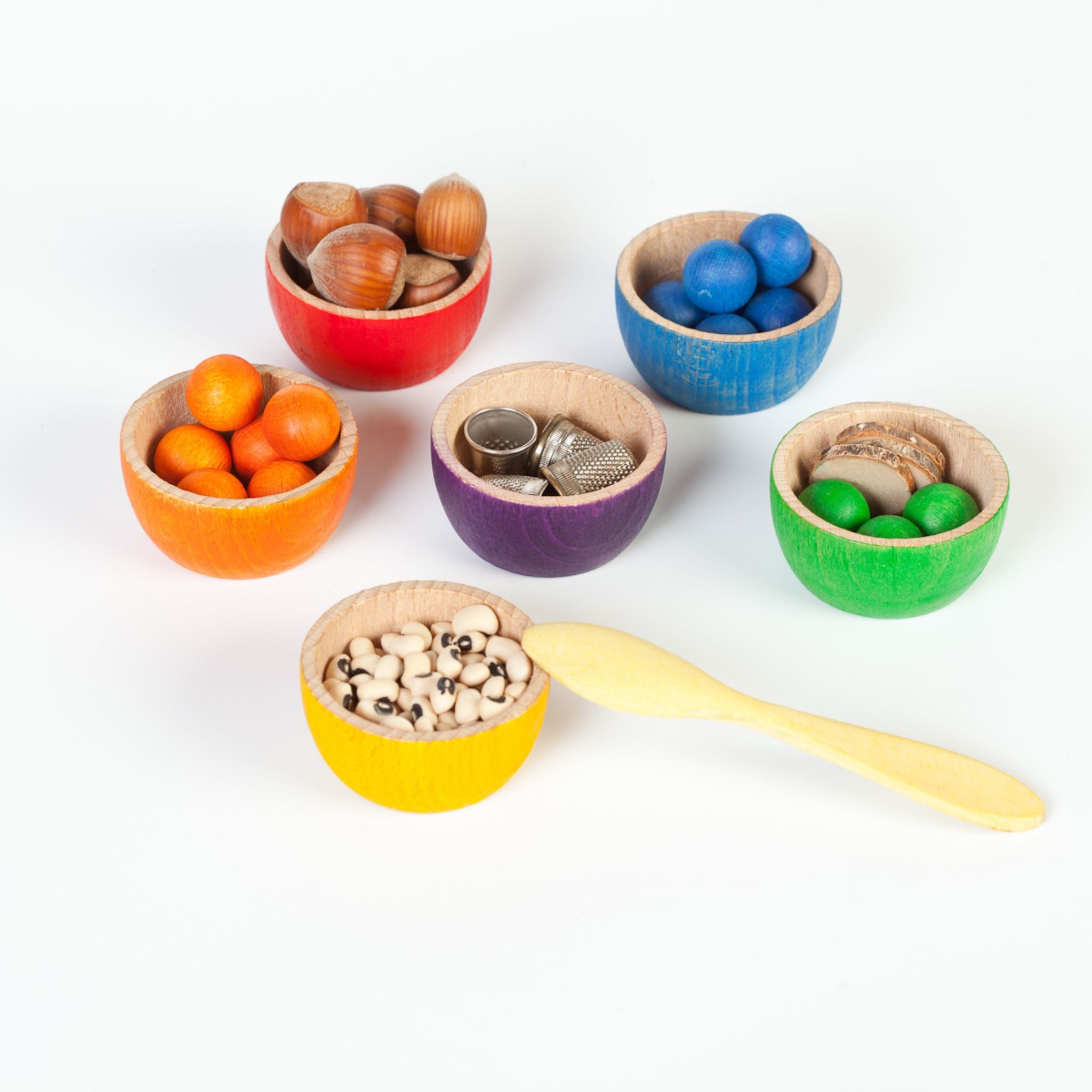 Grapat Wooden Bowls and Marbles Set With Tweezers and Bowls Filled 