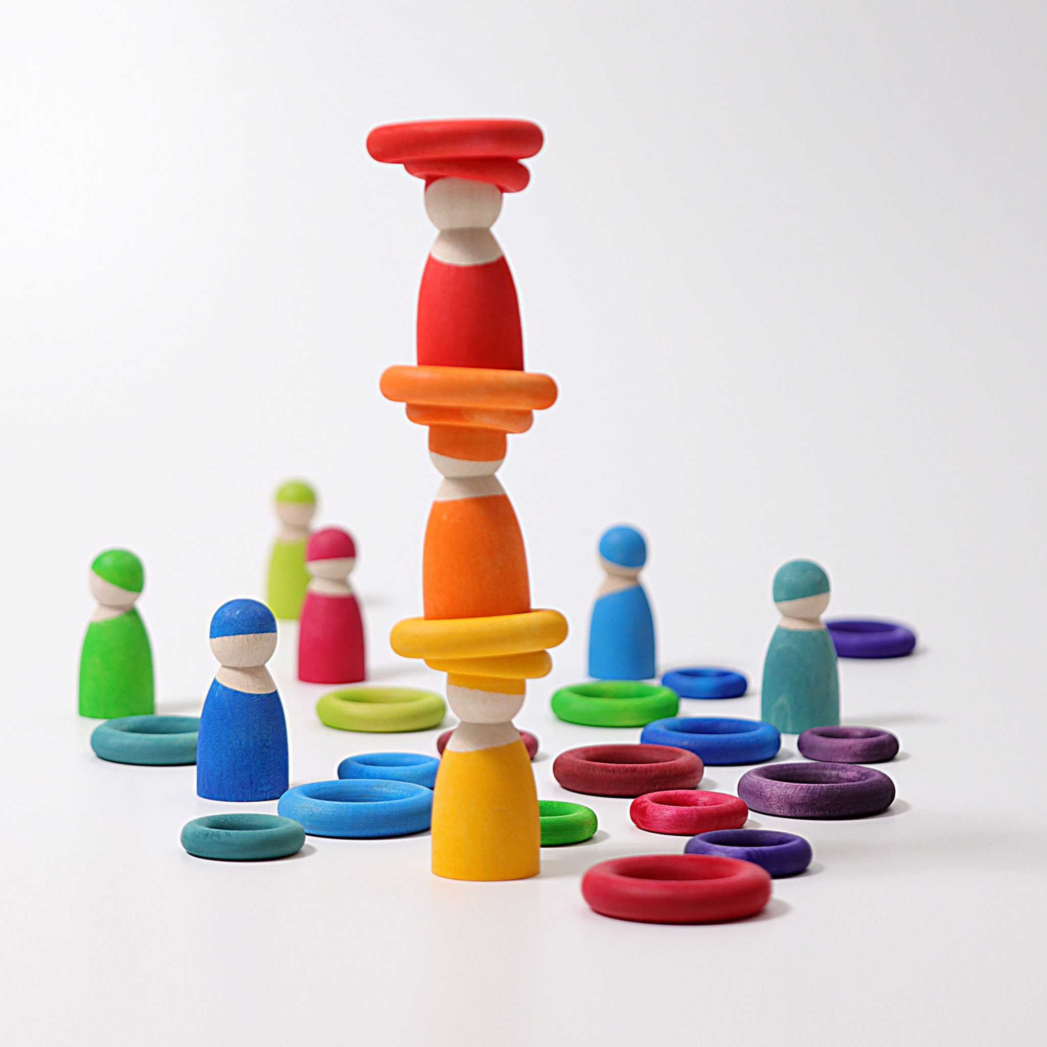Grimm's Wooden Rainbow Friends Balanced with Rainbow Rings 
