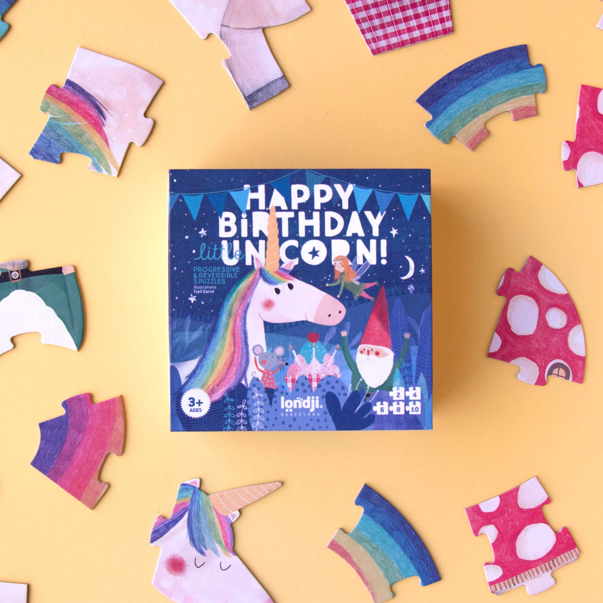 Londji Happy Birthday Unicorn Showing Box & Pieces On Yellow Background