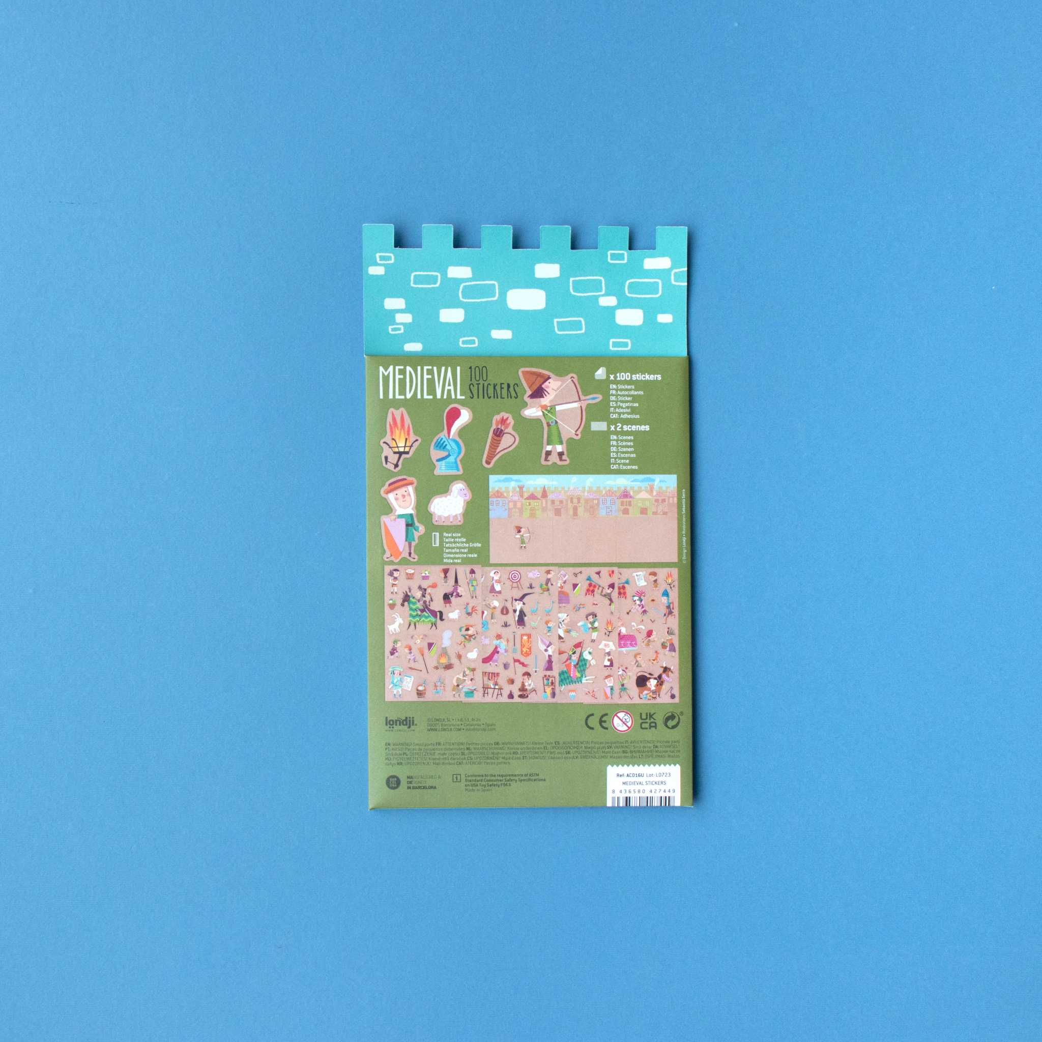 Londji Medieval Stickers - Arts & Crafts Activity - Back Packaging On Blue Background