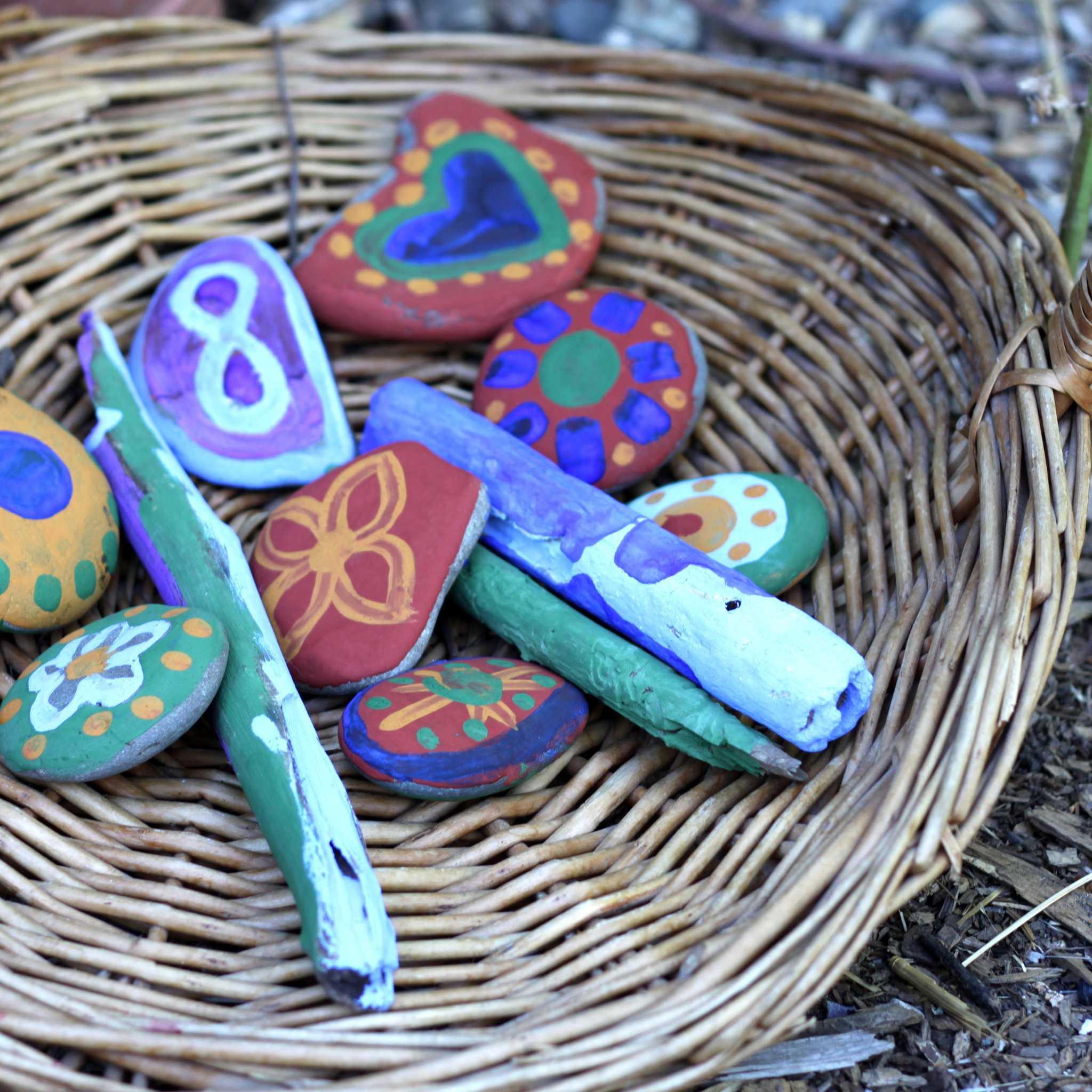 Natural Earth Paint Kit - Discovery - Painted On Rocks & Sticks In Basket