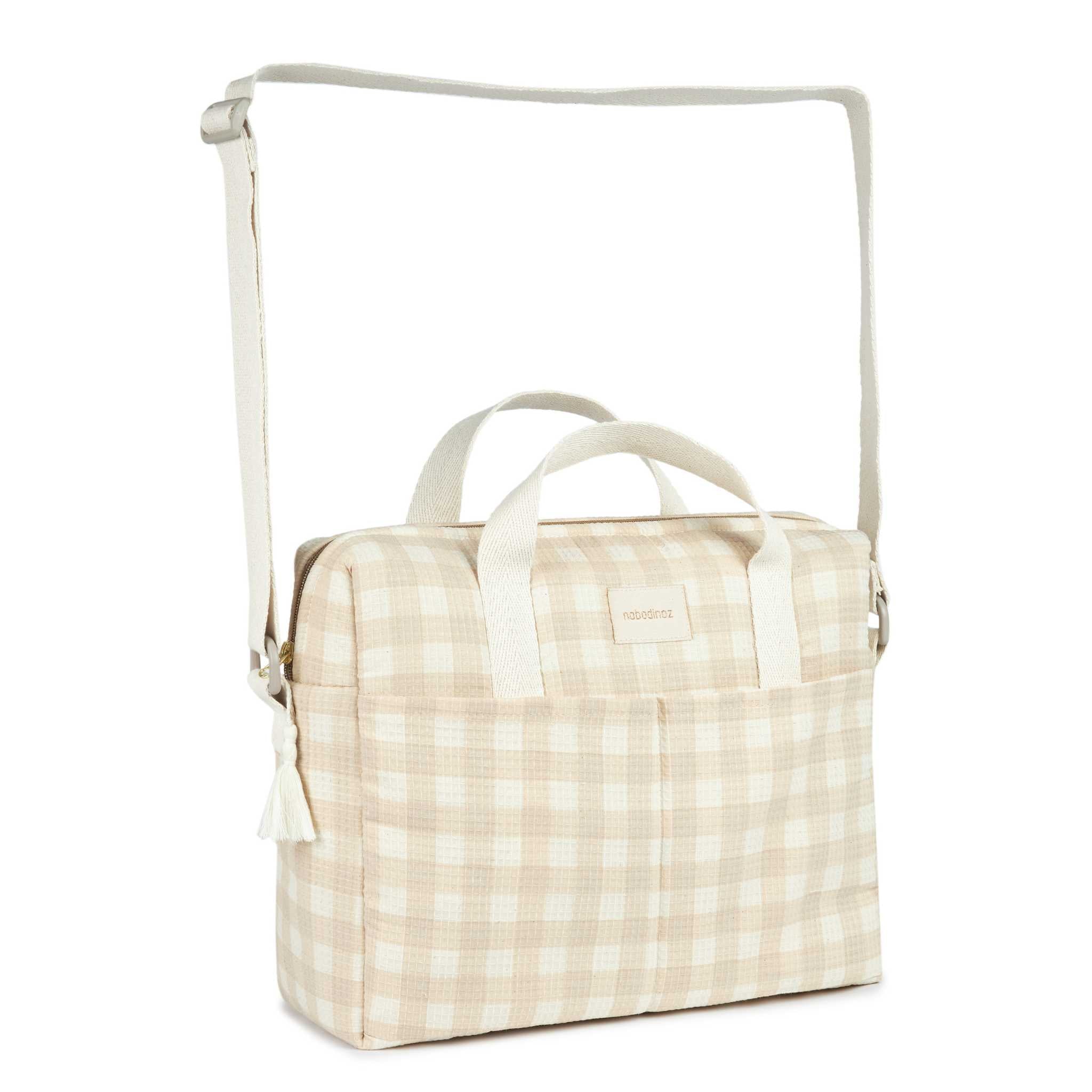 Nobodinoz Gala Changing Bag - Ivory Checks - Full Bag Handles Up
