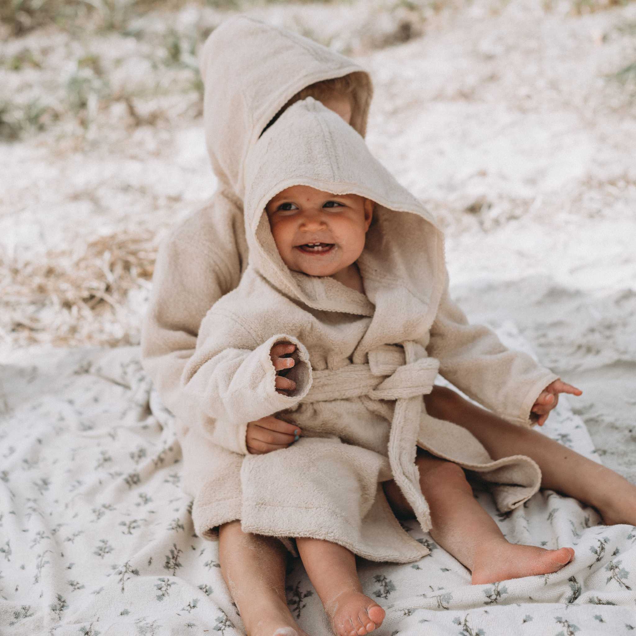 Two Children Cuddling in Garbo & Friends Bathrobe  - Sand