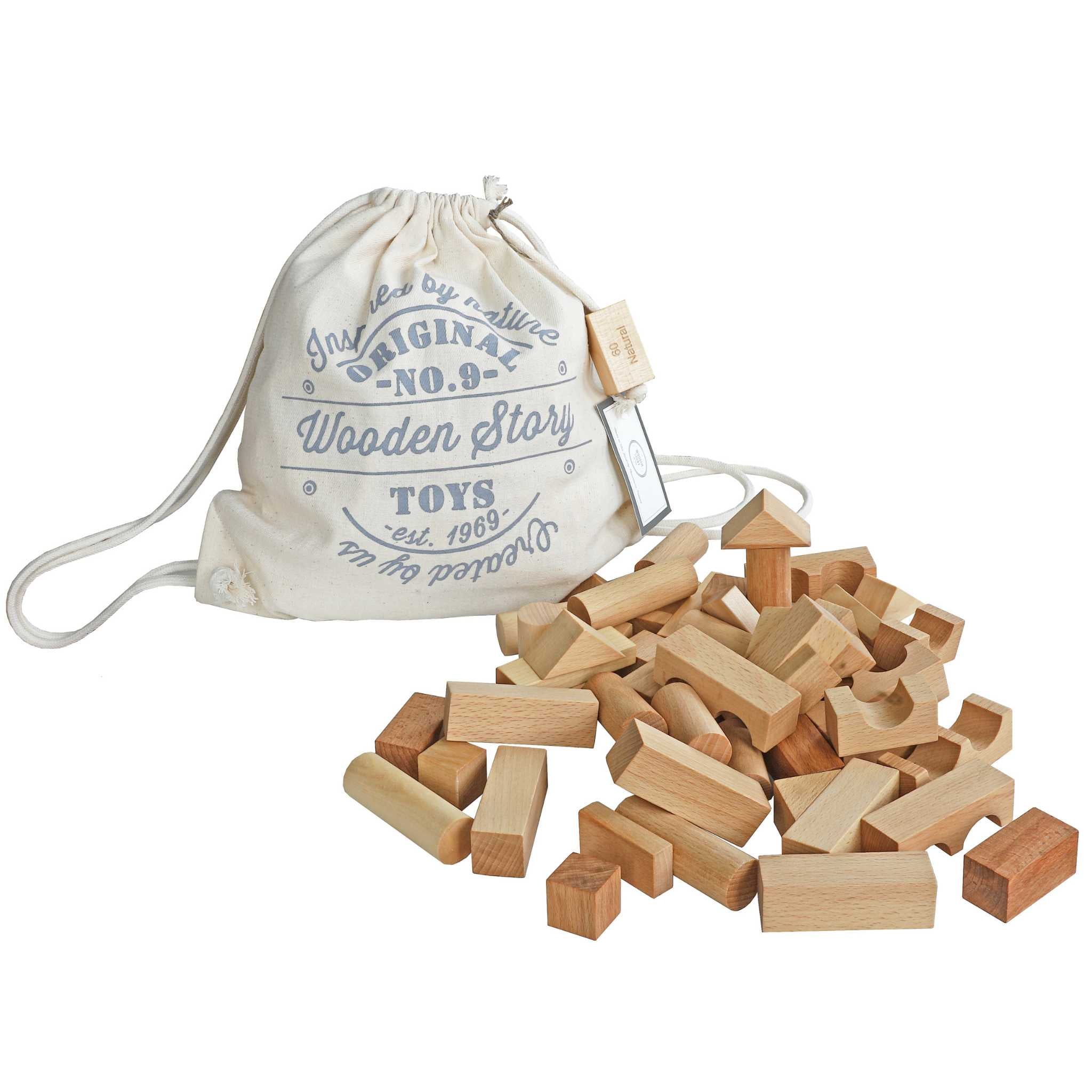 Wooden Story Natural Building Blocks in Sack - 60 Pieces