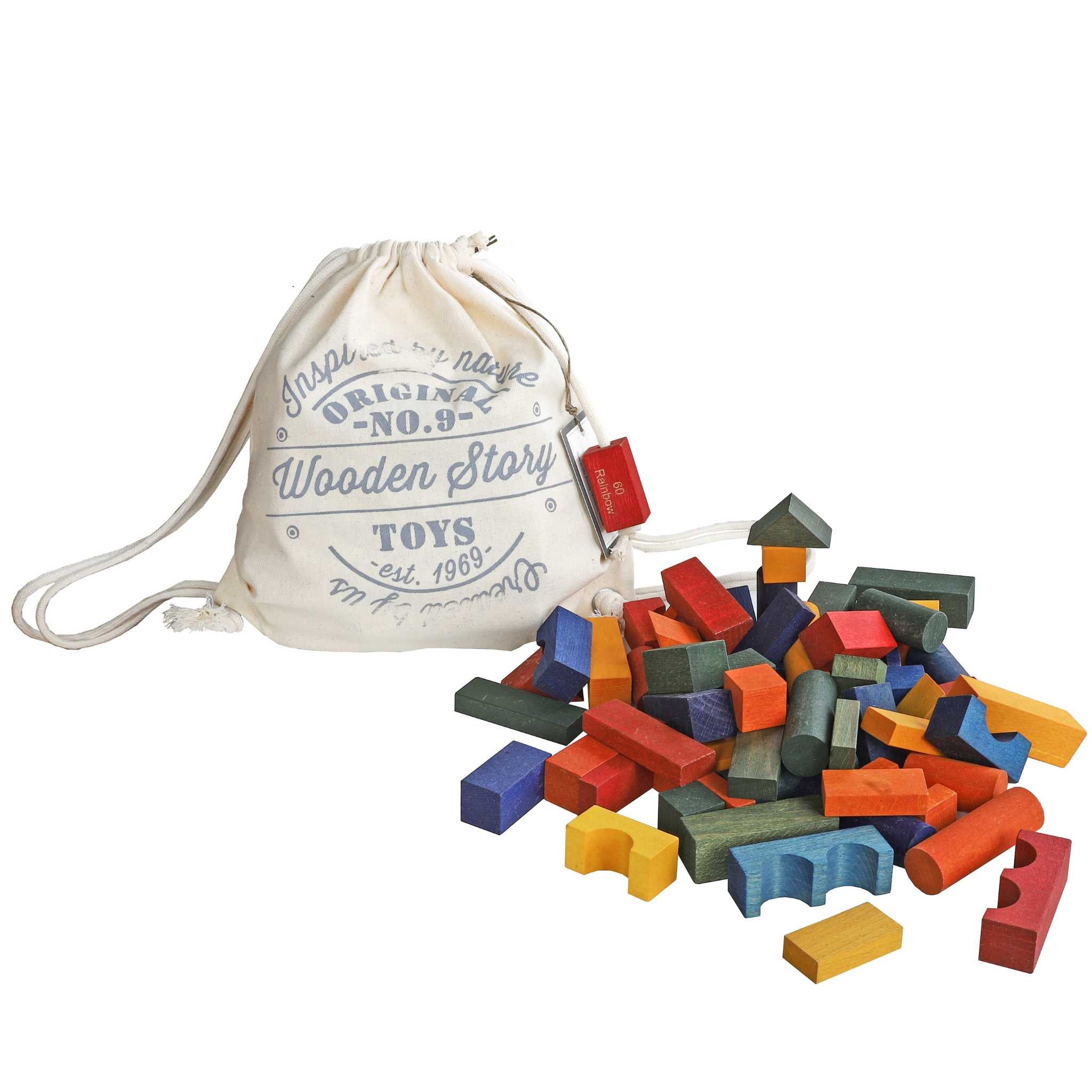 Wooden Story Rainbow Building Blocks in Sack - 60 pieces