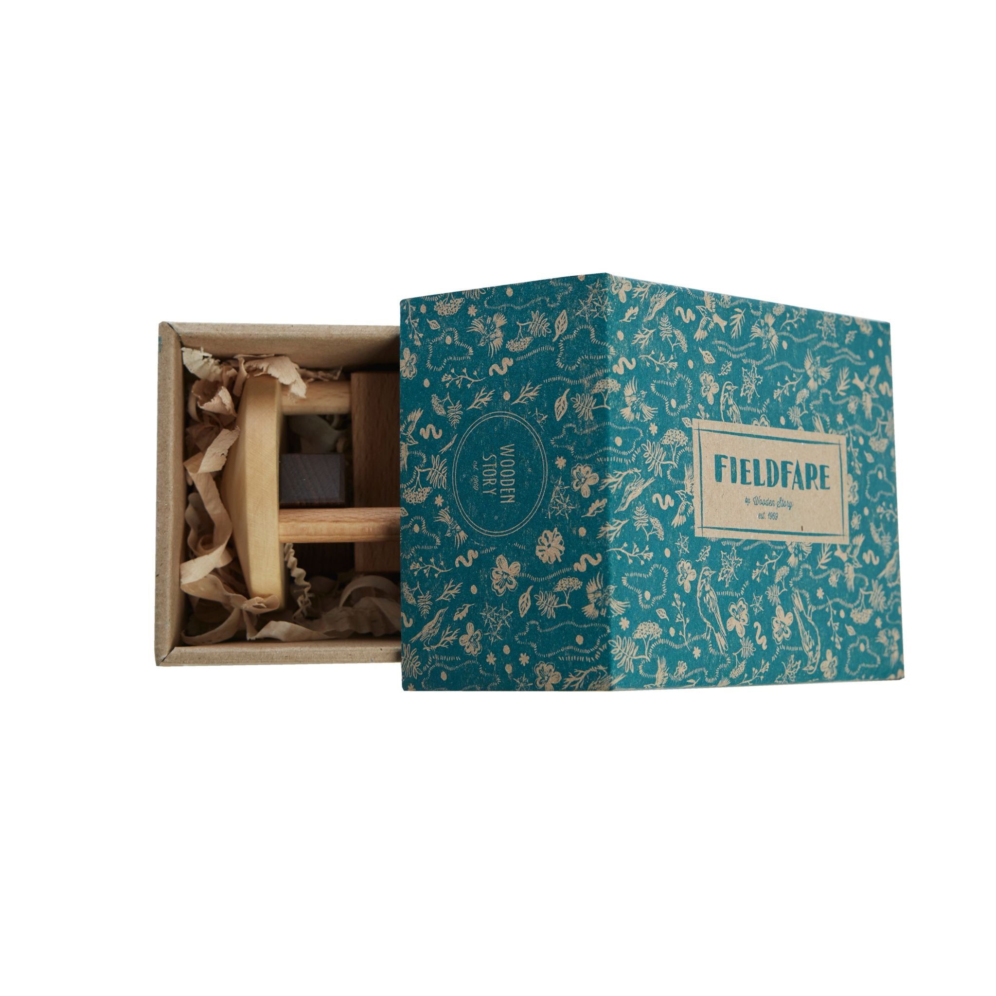 Wooden Story Fieldfare Rattle - Showing Open Box