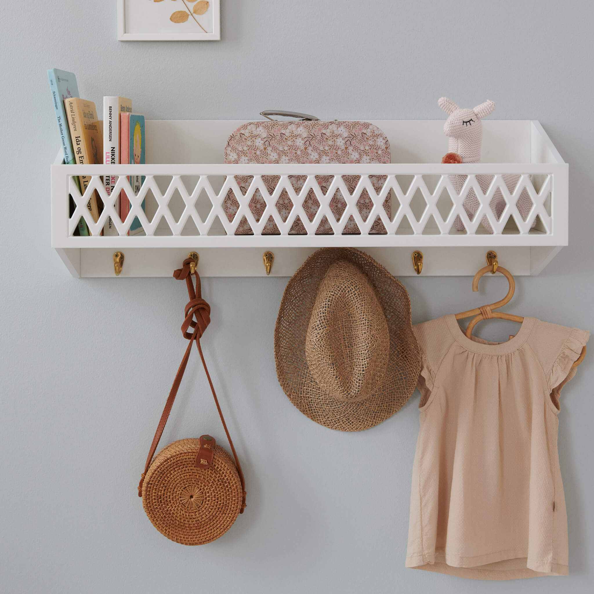 Cam Cam Copenhagen Harlequin Shelf with Hooks in White In Nursery 