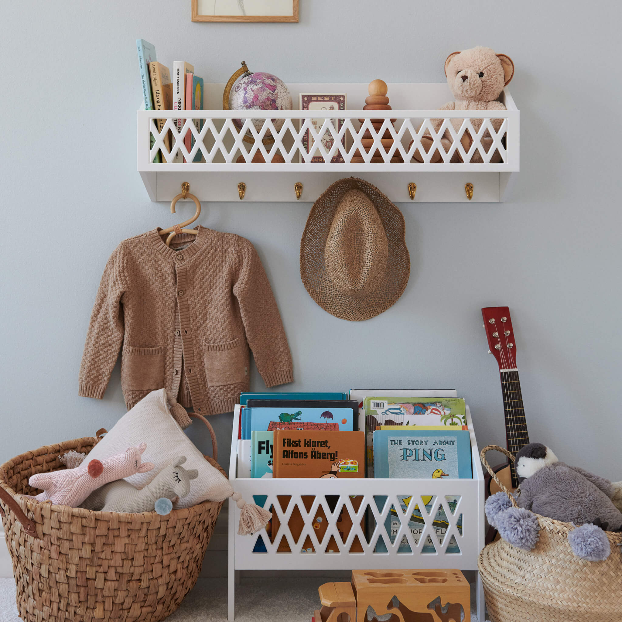 Cam Cam Copenhagen Harlequin Shelf with Hooks in White in Nursery
