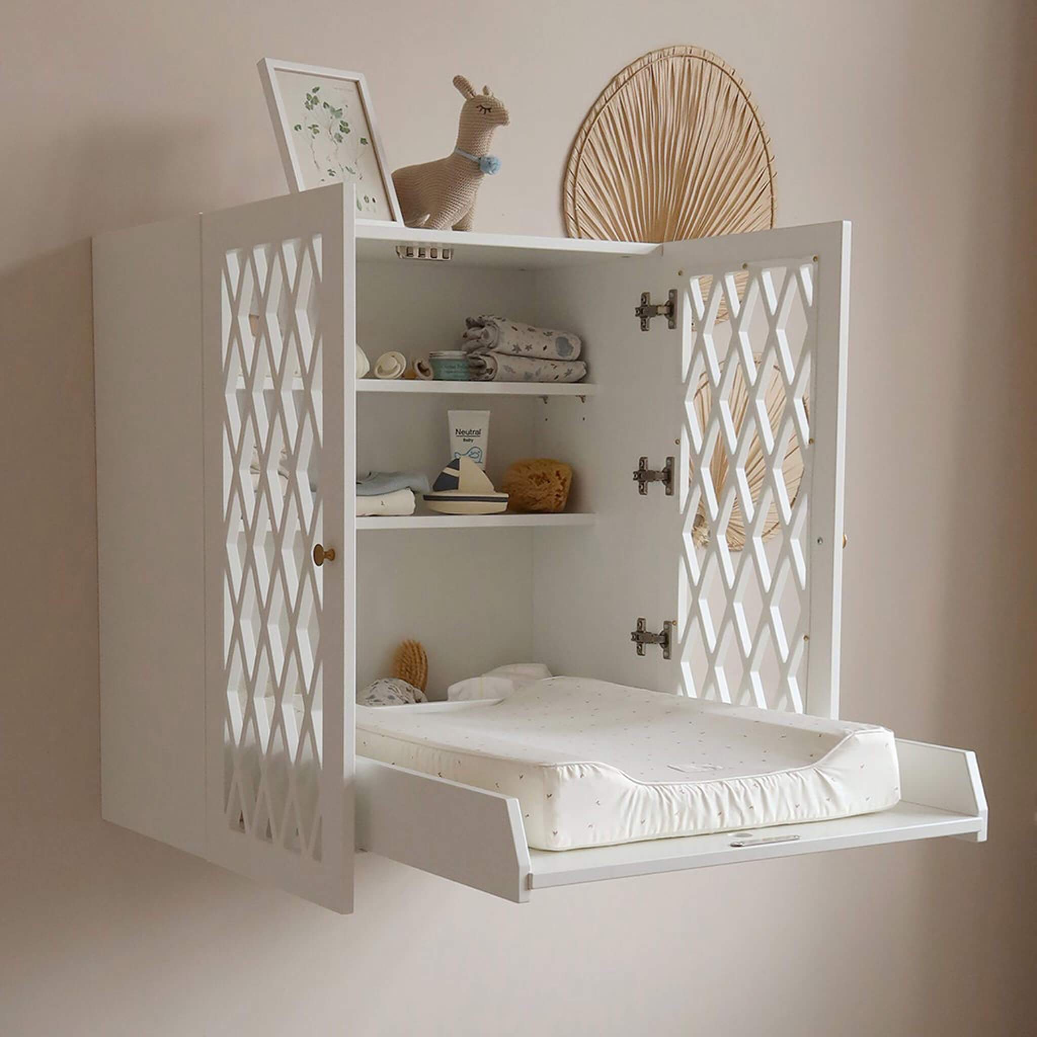 Cam Cam Copenhagen Harlequin Wall Hung Changing Table in White open in Nursery