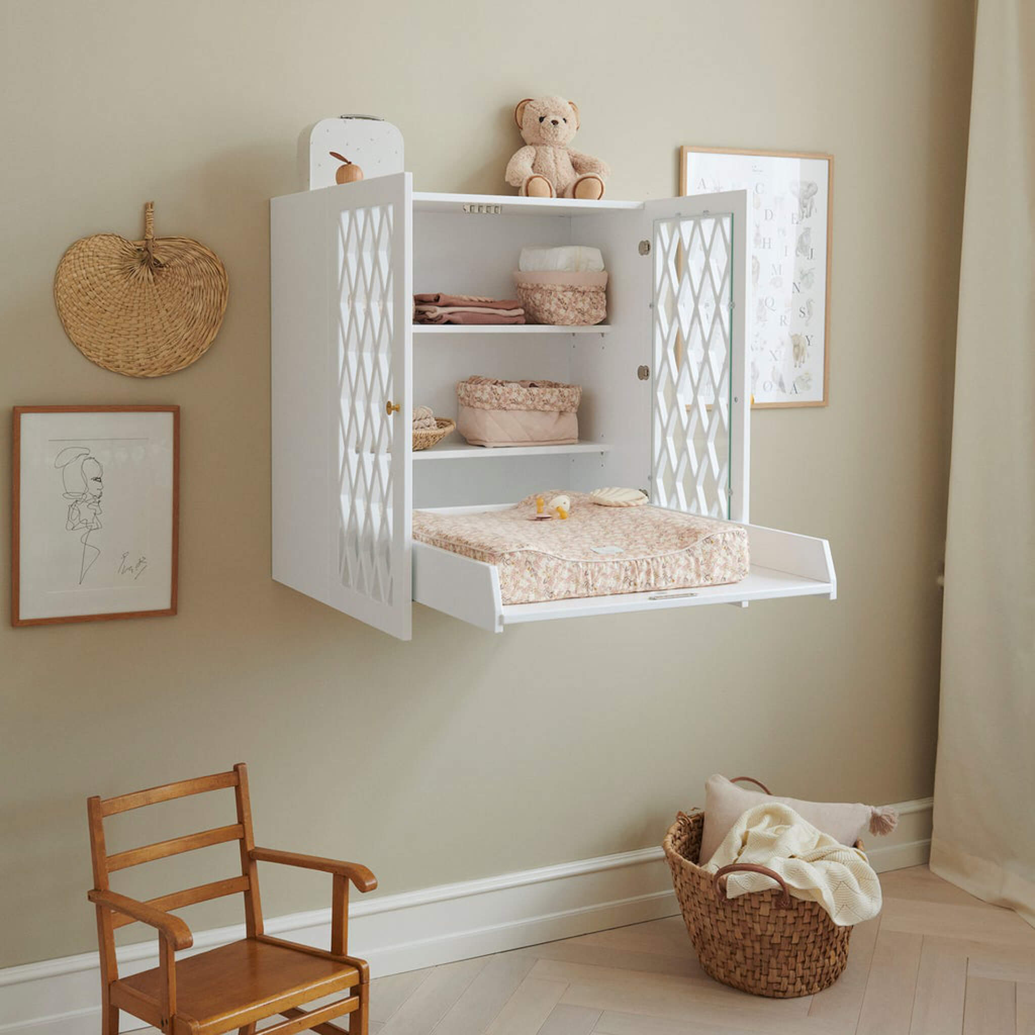 Cam Cam Copenhagen Harlequin Wall Hung Changing Table in White Open in Nursery 