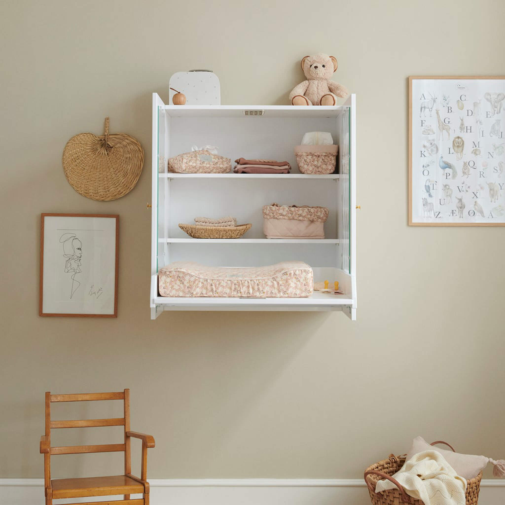 Cam Cam Copenhagen Harlequin Wall Hung Changing Table in White Open in Nursery