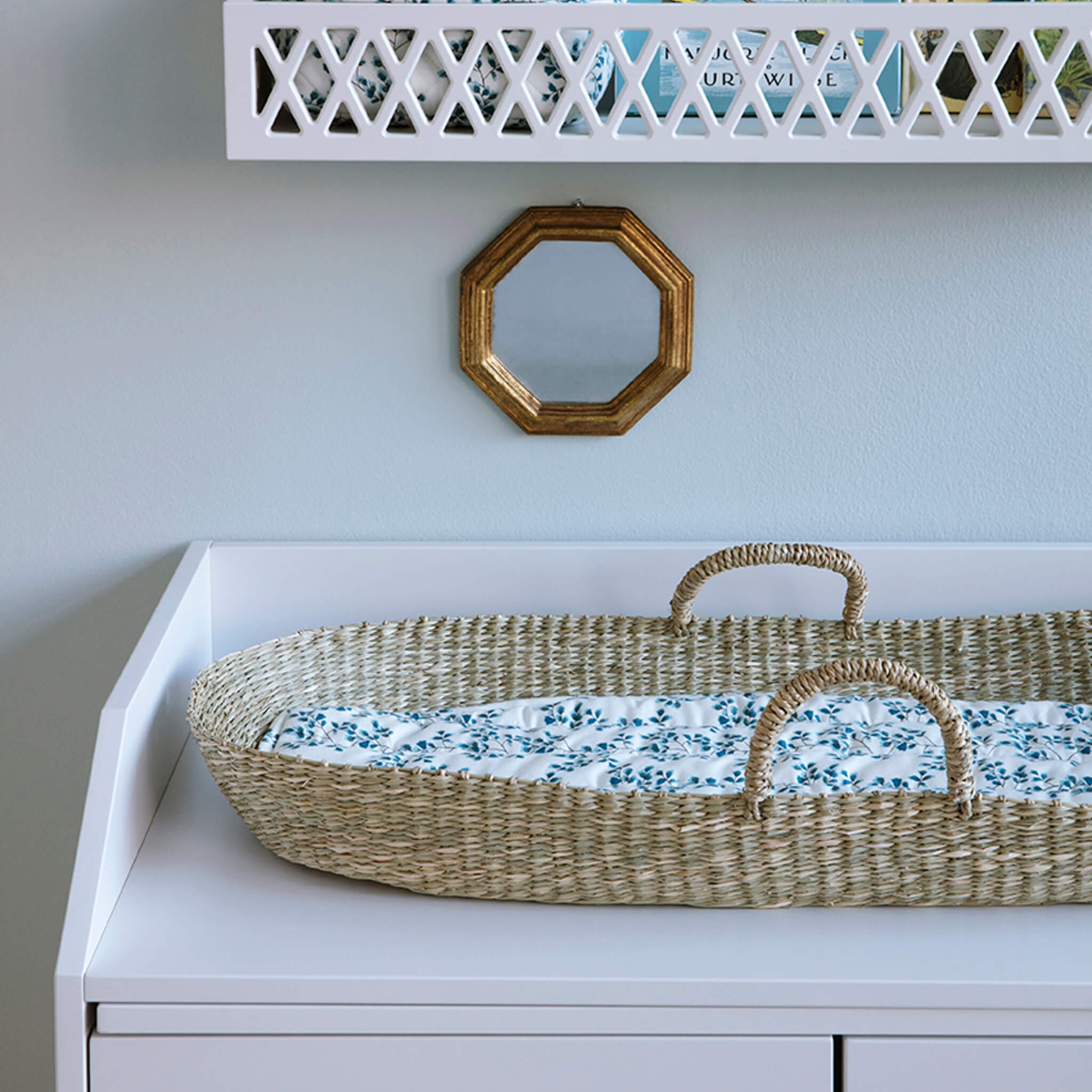 Cam Cam Copenhagen Changing Basket Cotton Insert in Fiori on Changing Table