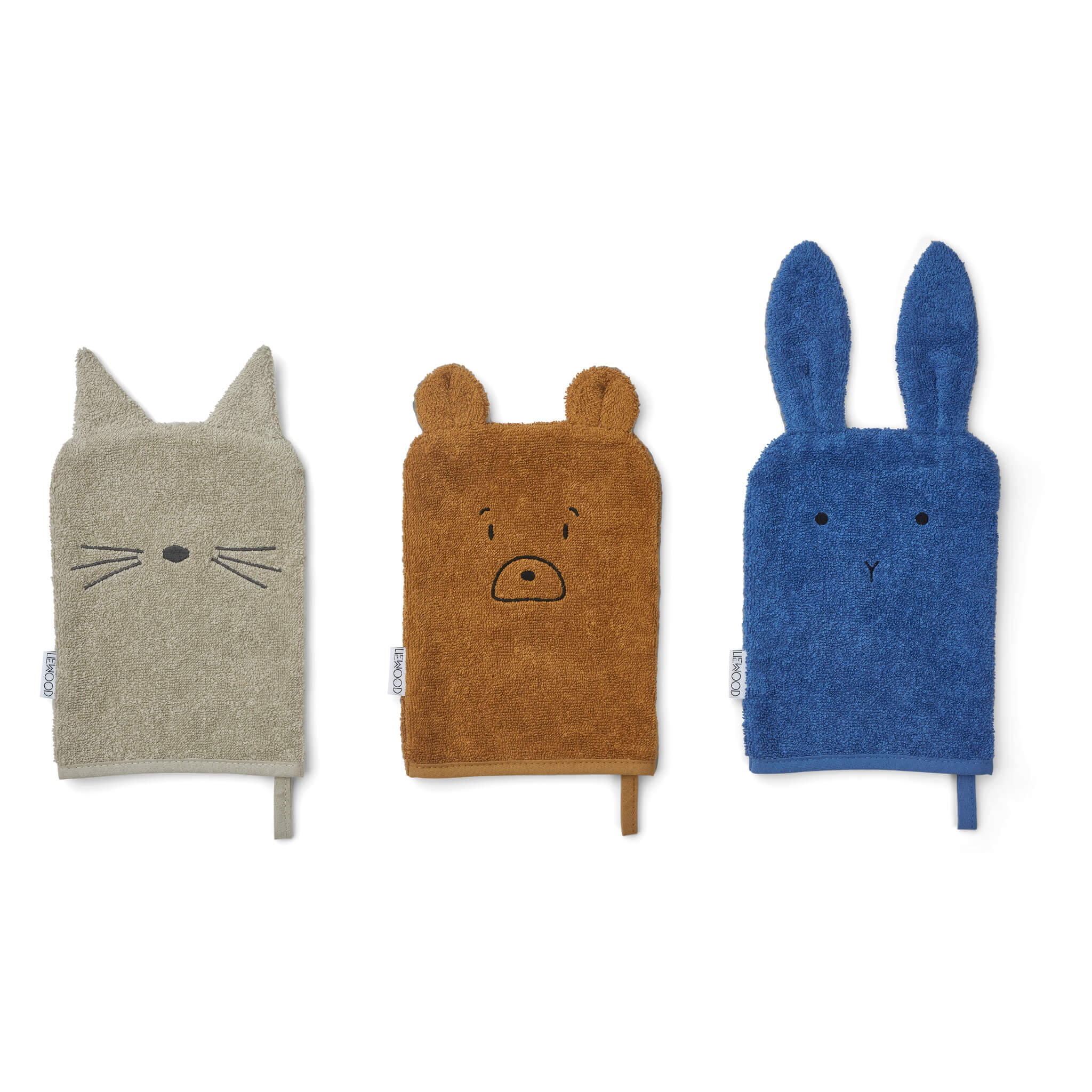 Sylvester Washcloths - 3 Pack - Bunny, Cat, Bear (Surf Blue)
