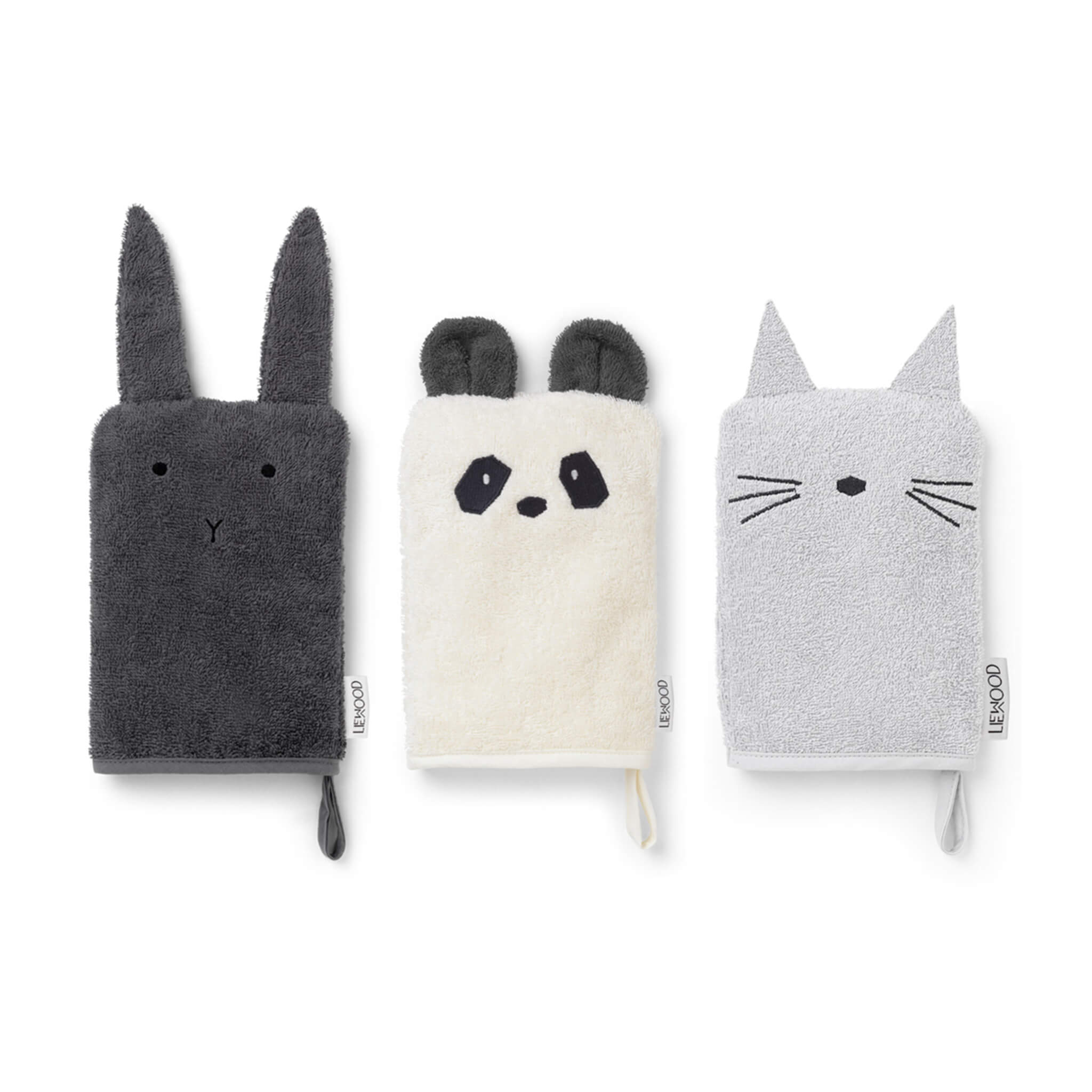 Sylvester Washcloths - 3 Pack - Bunny, Panda, Cat (Grey)