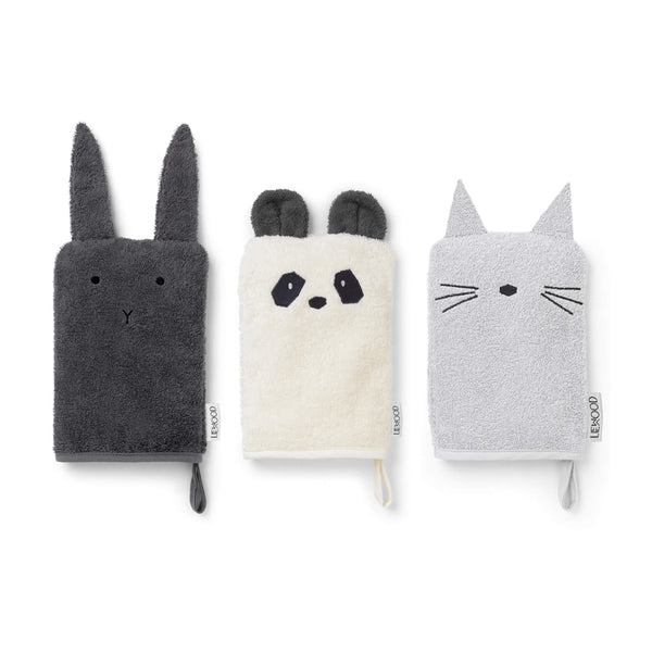 Washcloths - 3 Pack - Bunny, Panda, Cat (Grey)