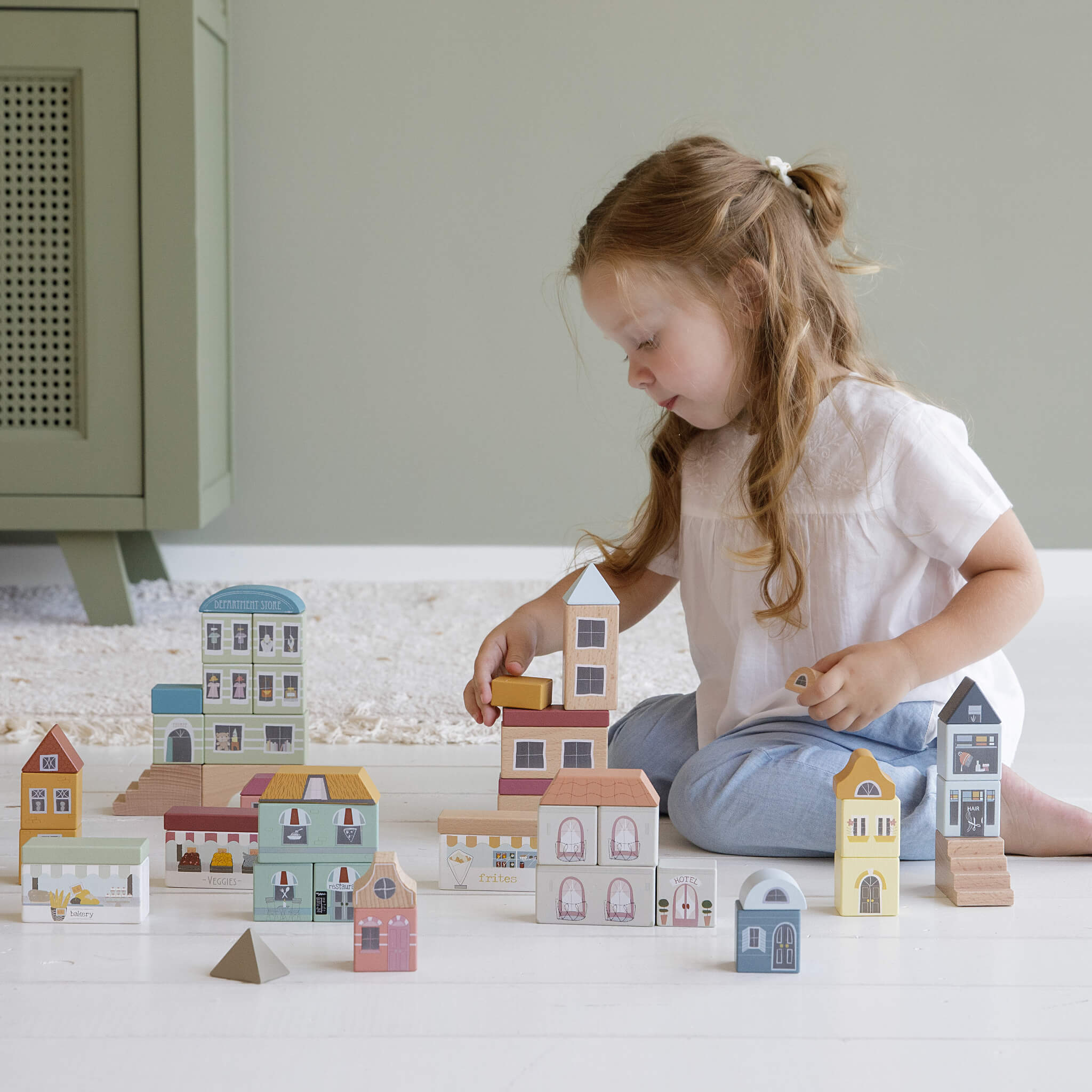 Girl with Little Dutch City Building Blocks Pack of 50 