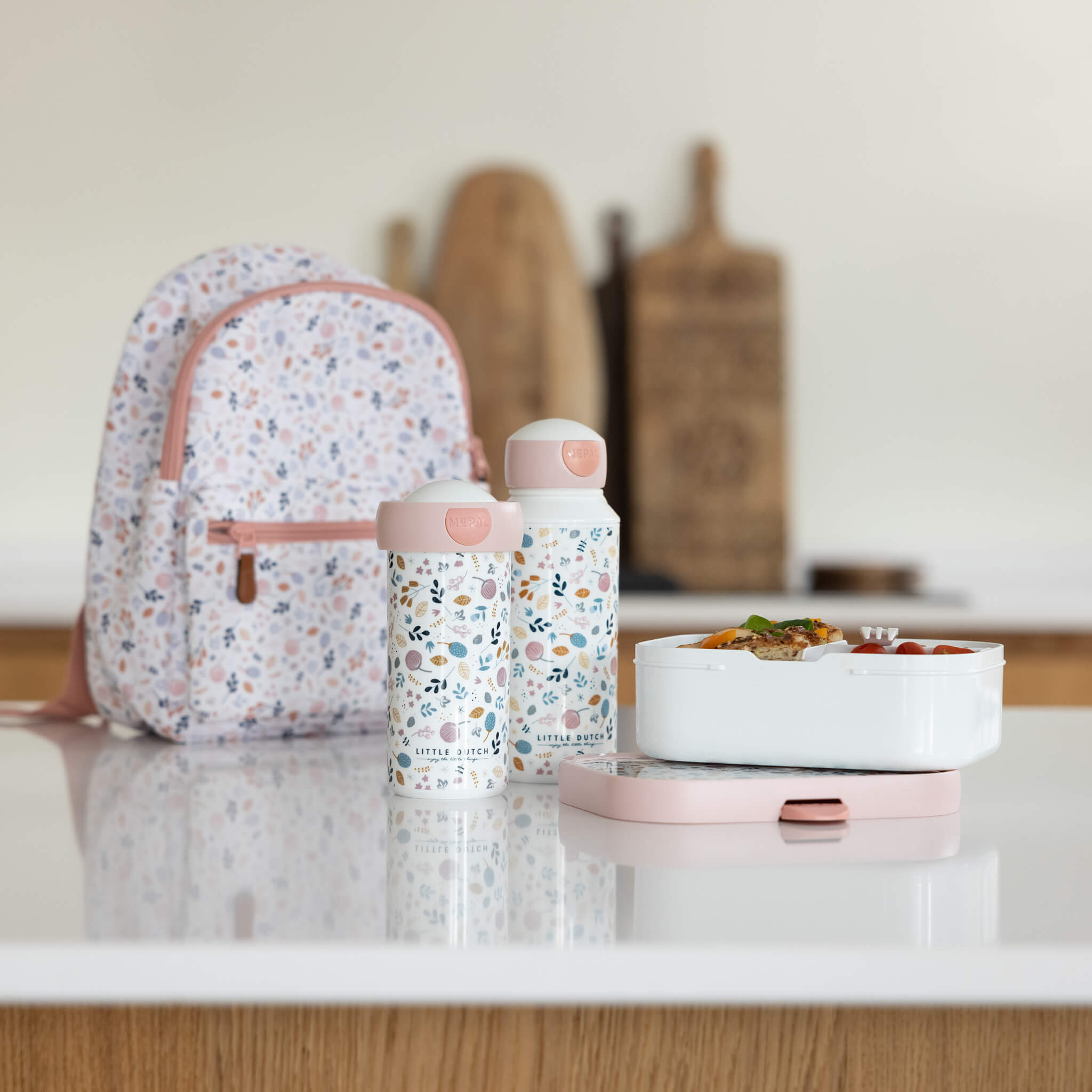 Little Dutch Lunchbox with Fork in Spring Flowers Design  with Water Bottles