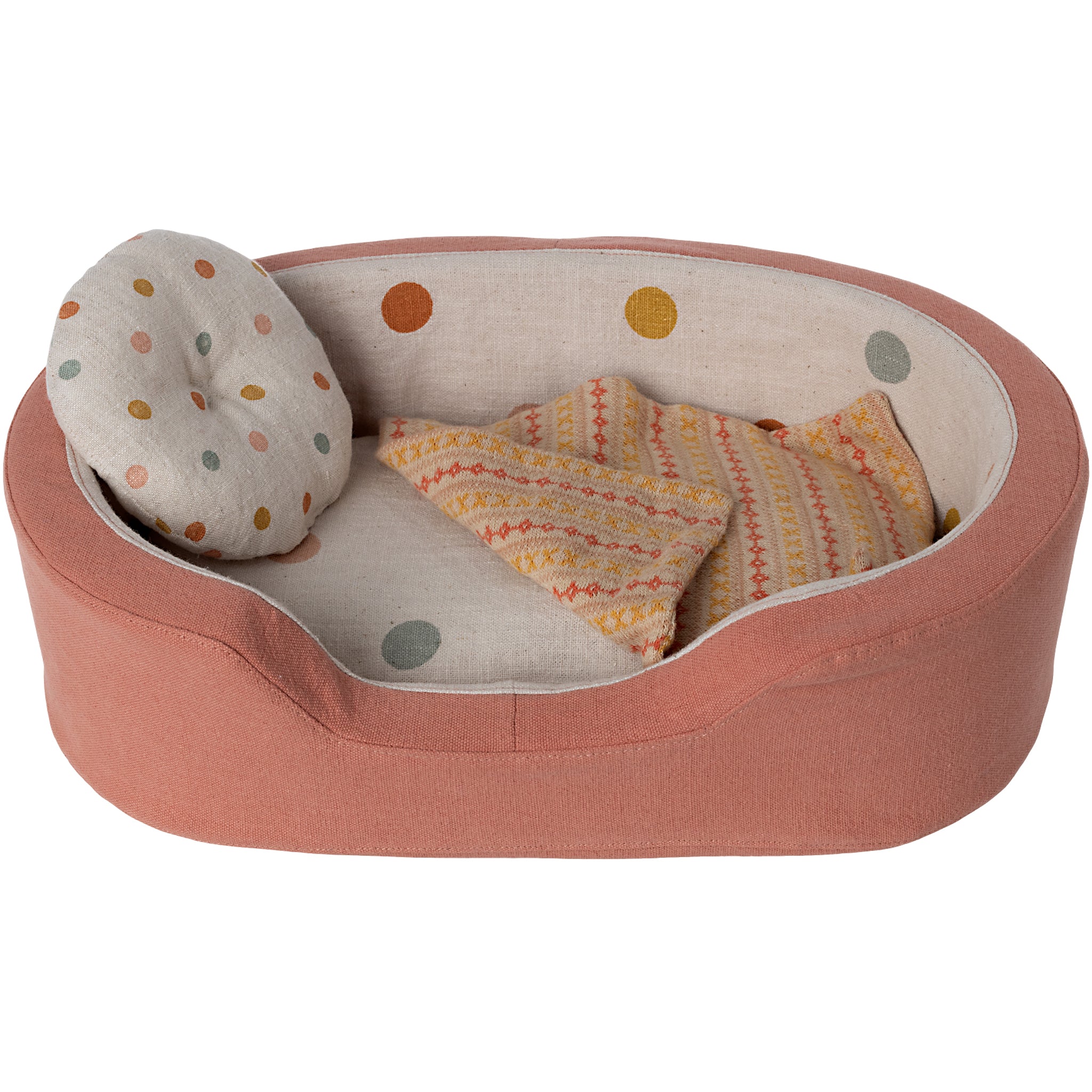 Maileg Plush Dog Basket- Coral