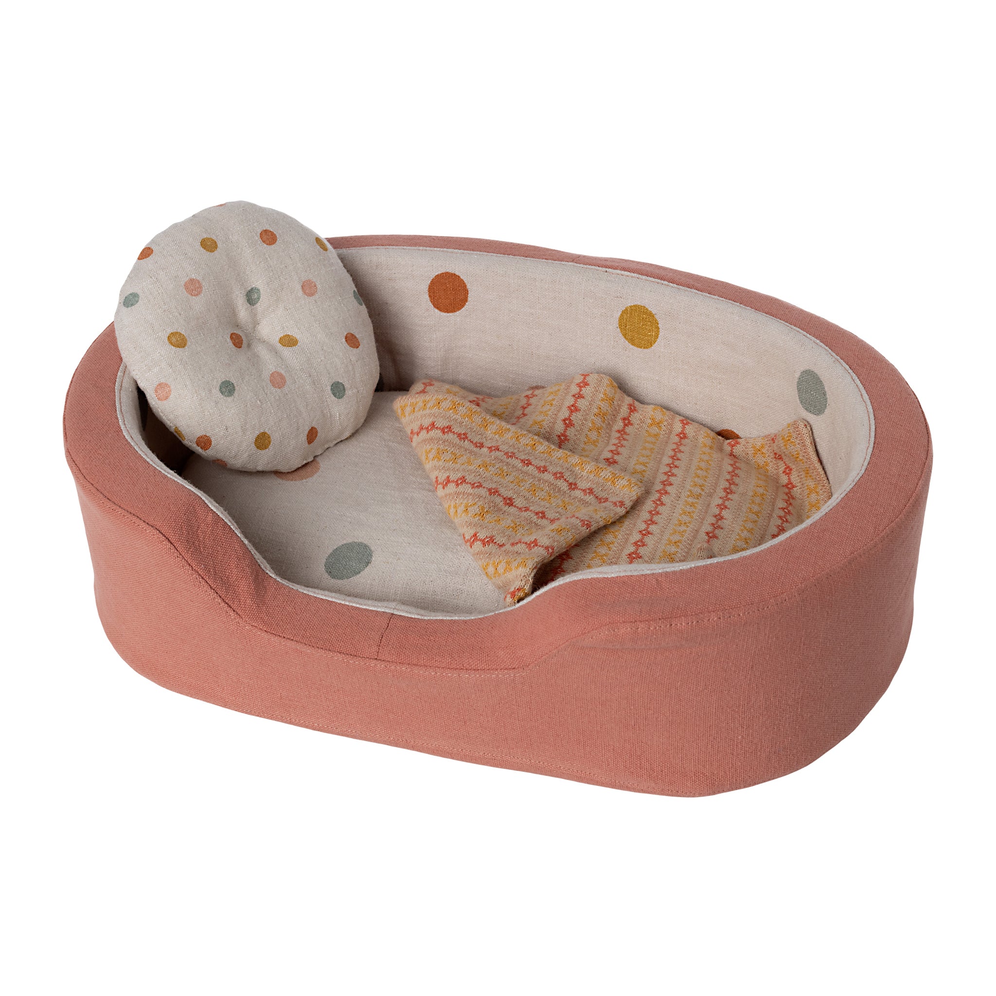 Maileg Plush Dog Basket- Coral