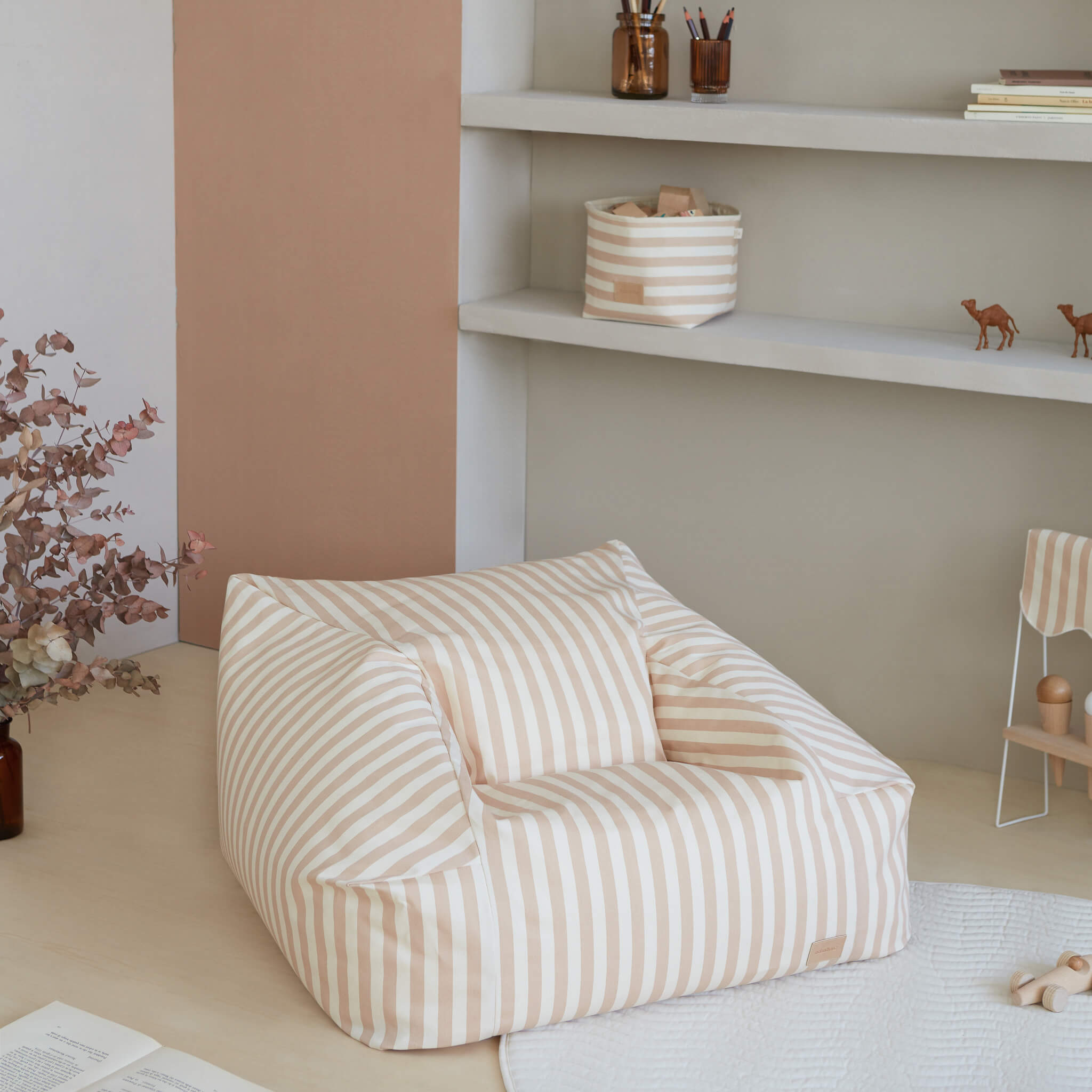 Nobodinoz Chelsea Bean Bag in Taupe Stripes in Room