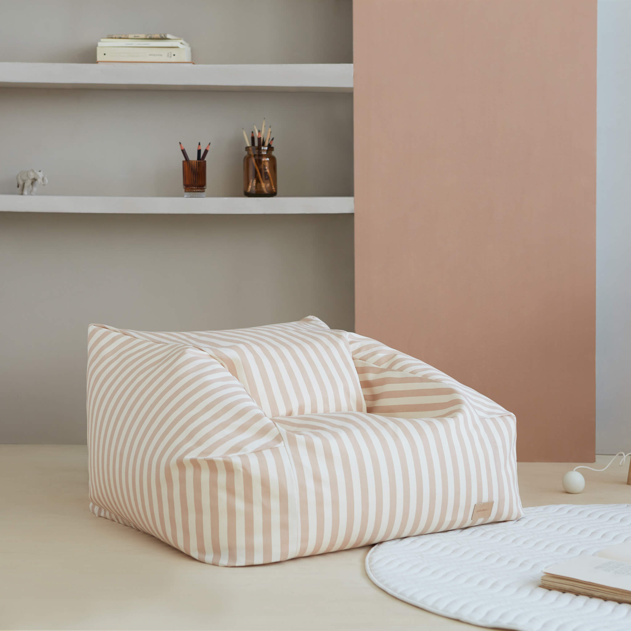 Nobodinoz Chelsea Bean Bag in Taupe Stripes in Room