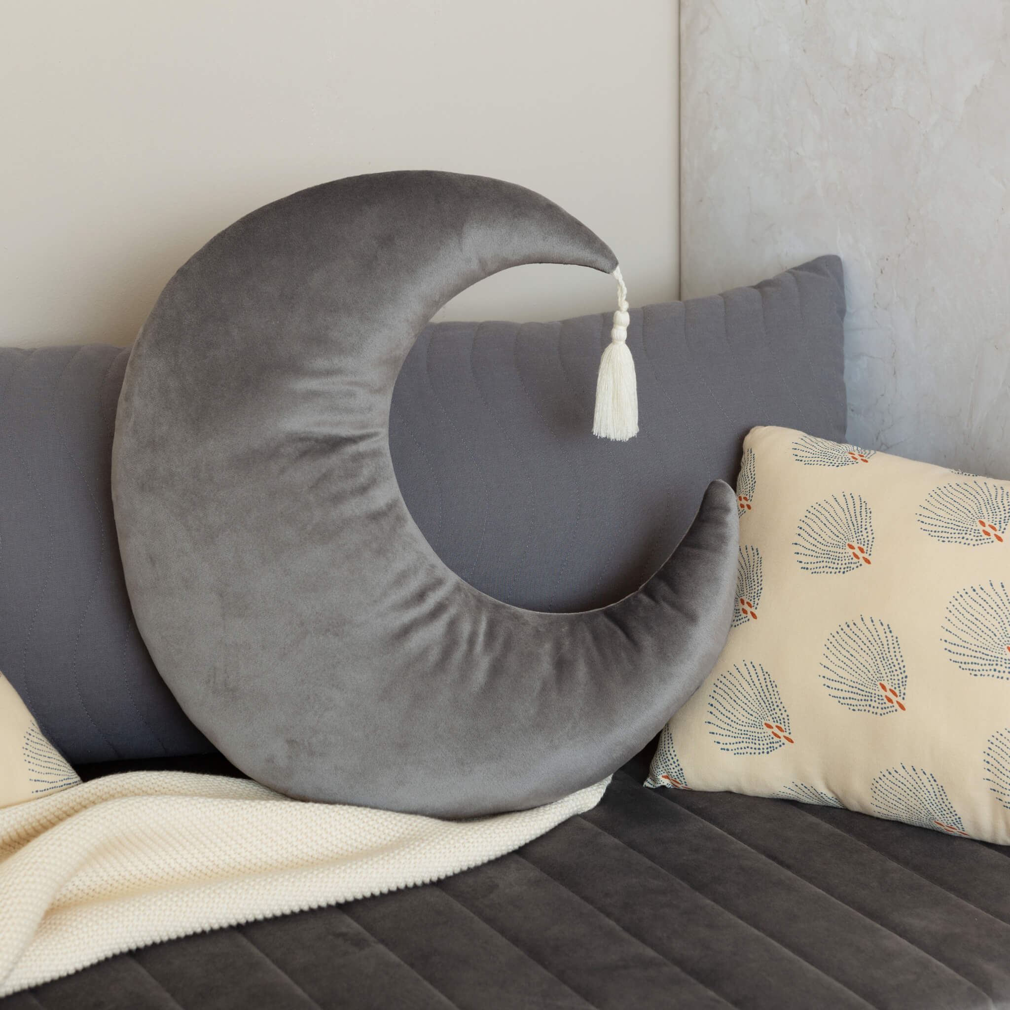 Nobodinoz Pierrot Moon Velvet Cushion in Slate Grey with Other Cushions