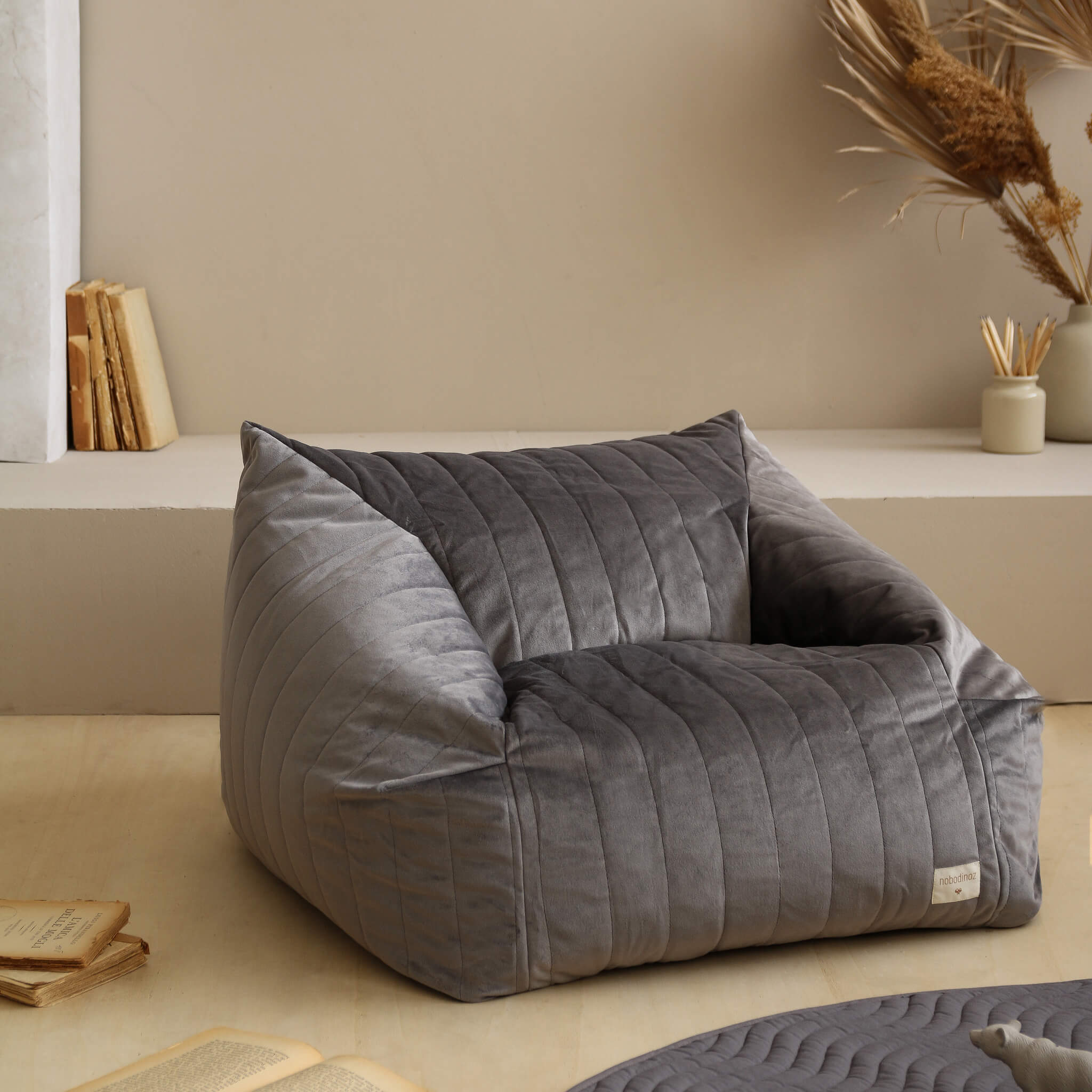 Nobodinoz Chelsea Velvet Bean Bag in Slate Grey in Room