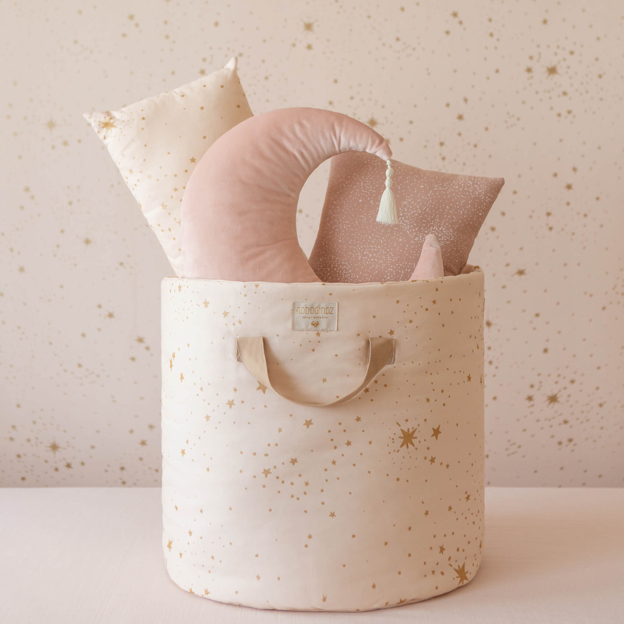 Nobodinoz Small Bamboo Toy Storage Bag in Gold Stella Dream Pink with Cushions