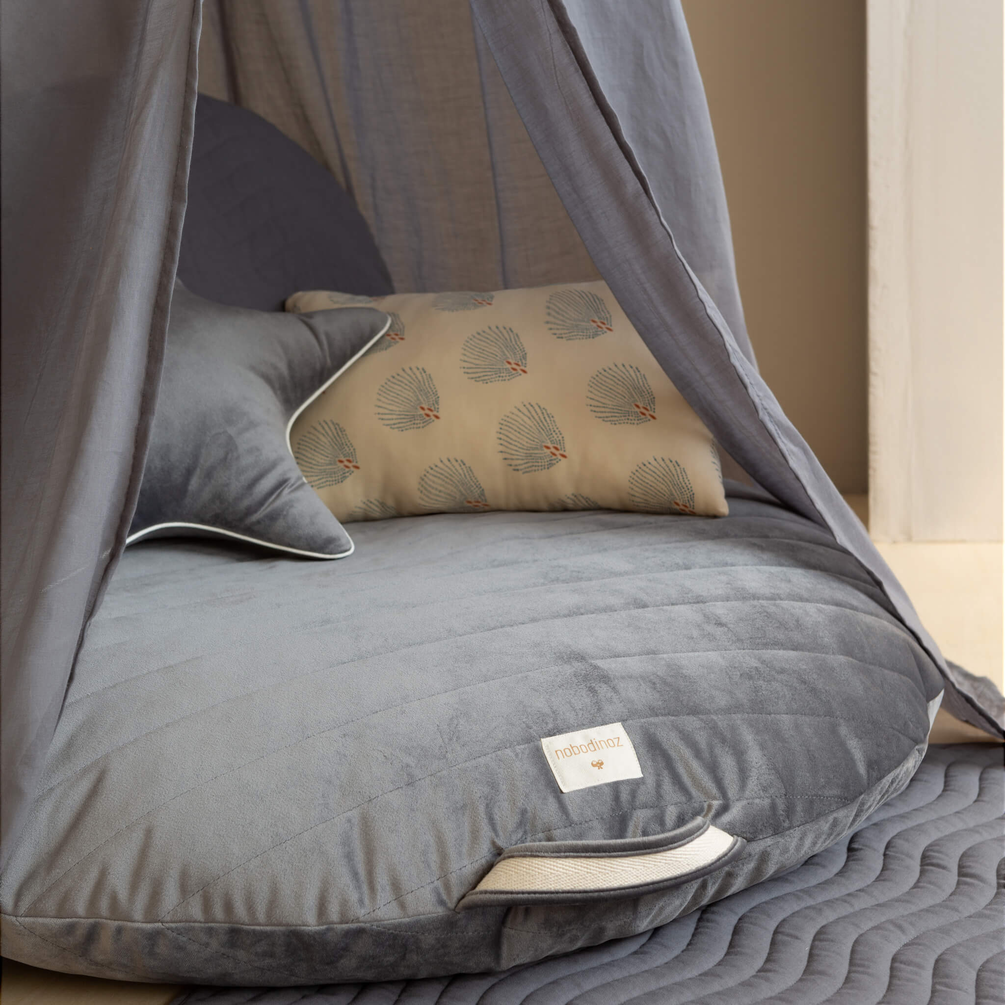 Nobodinoz Sahara Velvet Bean Bag in Slate Grey with Cushions and Canopy